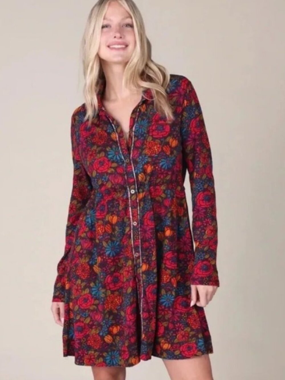 Natural Life SZL Christa Floral Knit Shirt Dress Boho Cottage Core Western Comfy